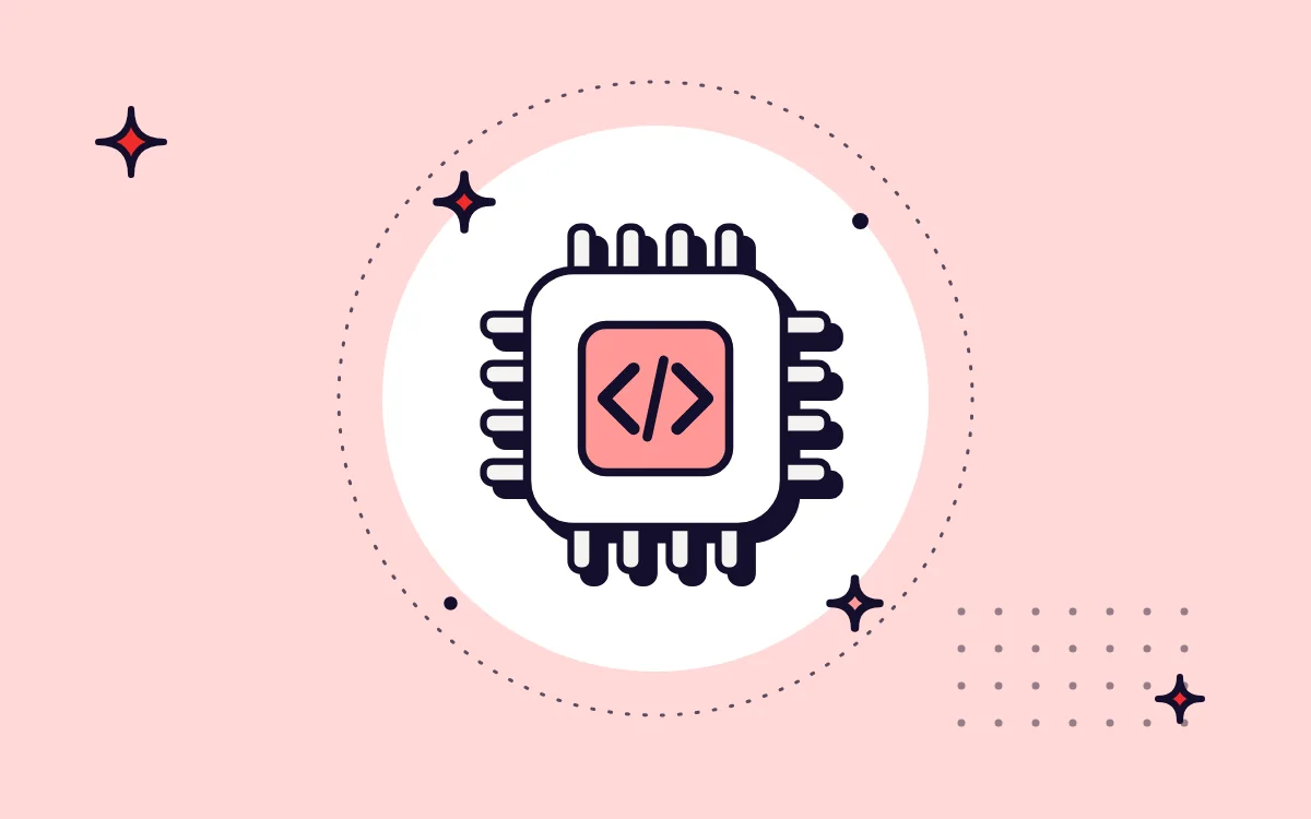 Ilustração de um chip com símbolo de código, representando buscas com inteligência artificial
